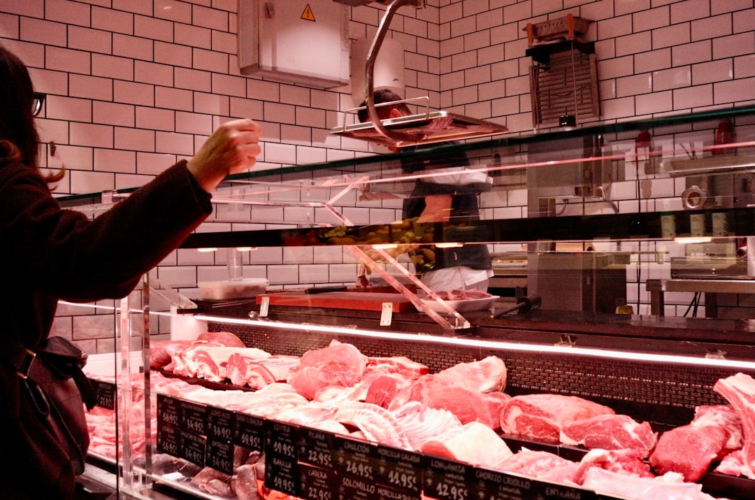 Butcher shop with fresh meat cuts on display