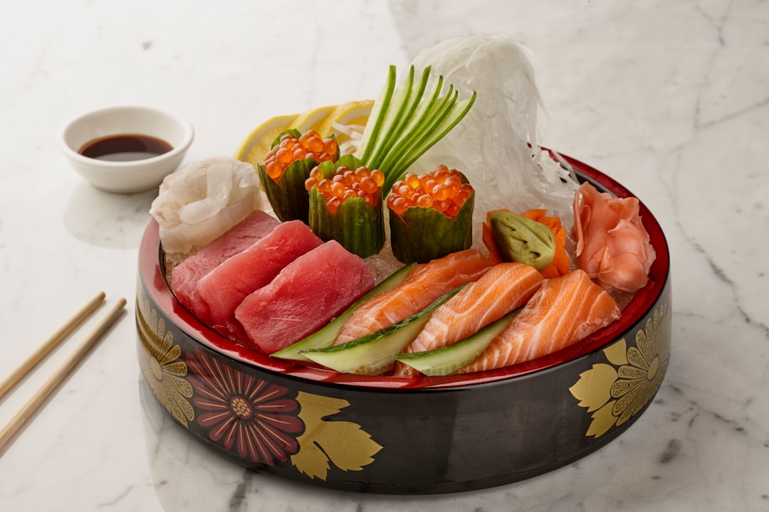 Fresh Japanese sushi platter with salmon and tuna nigiri